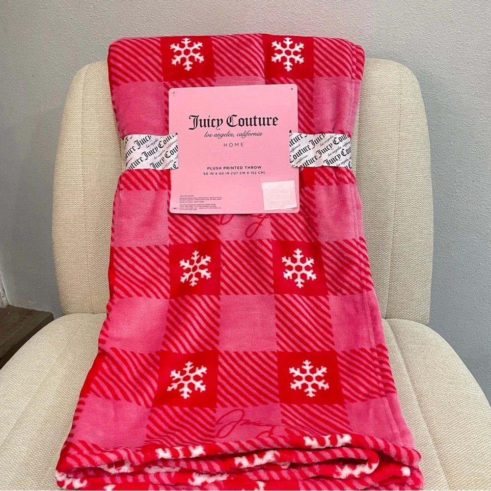 NEW Juicy Couture Pink Red Plaid Snowflake Plush Throw‎ Blanket 50x60